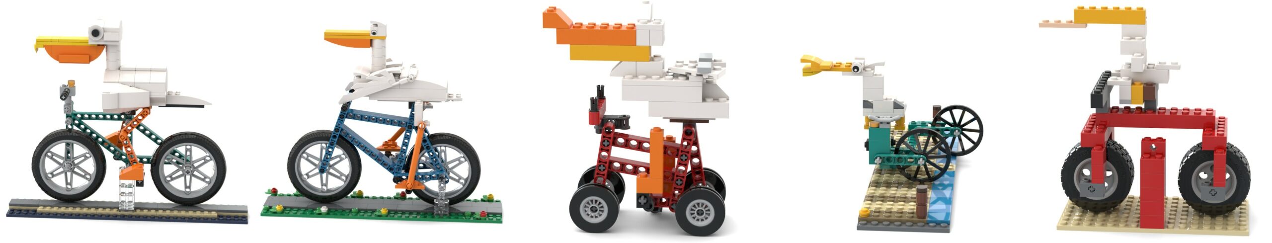 Row of AI-generated LEGO builds from the BrickBench Model setting, including a dolphin under a rainbow and a pelican on a bicycle