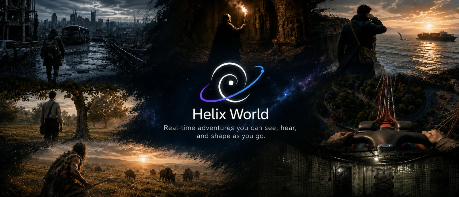 Helix World generating an explorable scene with synchronized video and stereo sound