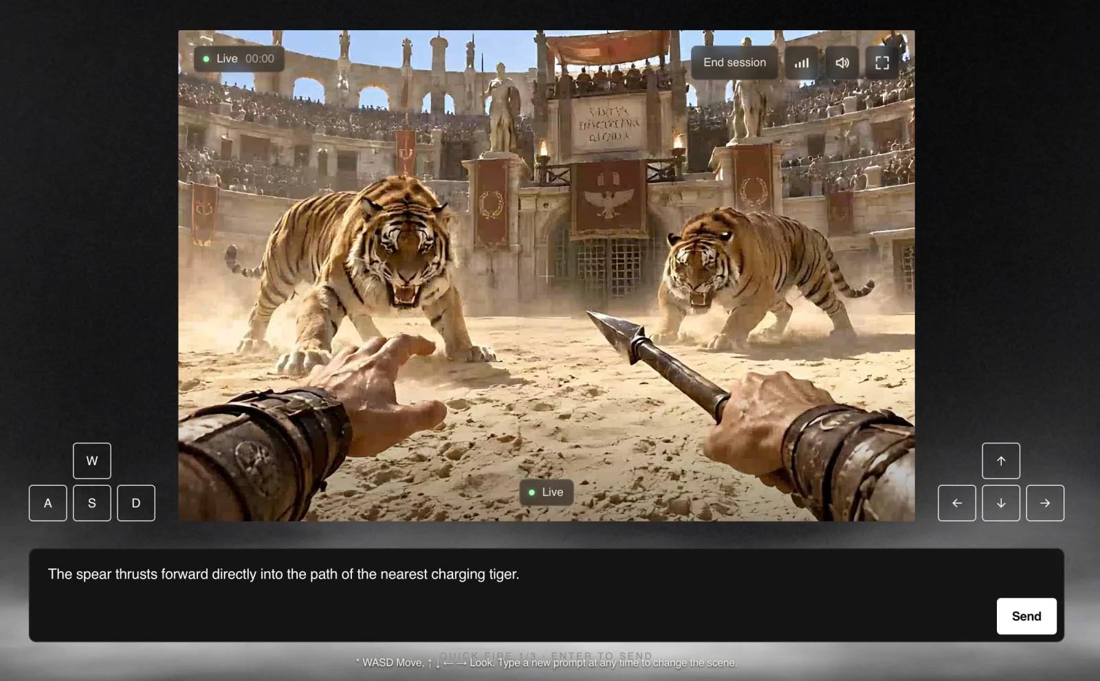 The Helix World interactive demo interface showing keyboard controls for moving and looking around a generated scene