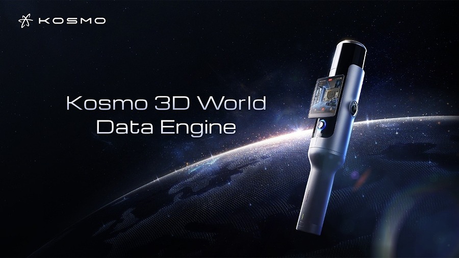 The Hesai Kosmo One handheld spatial camera floating over a stylized Earth, with the words Kosmo 3D World Data Engine