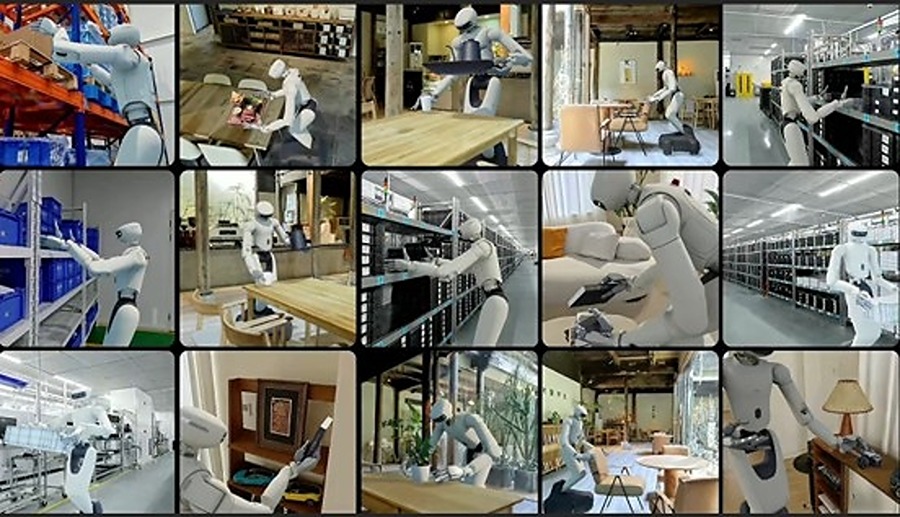 A grid of humanoid robots performing tasks inside many different reconstructed indoor environments