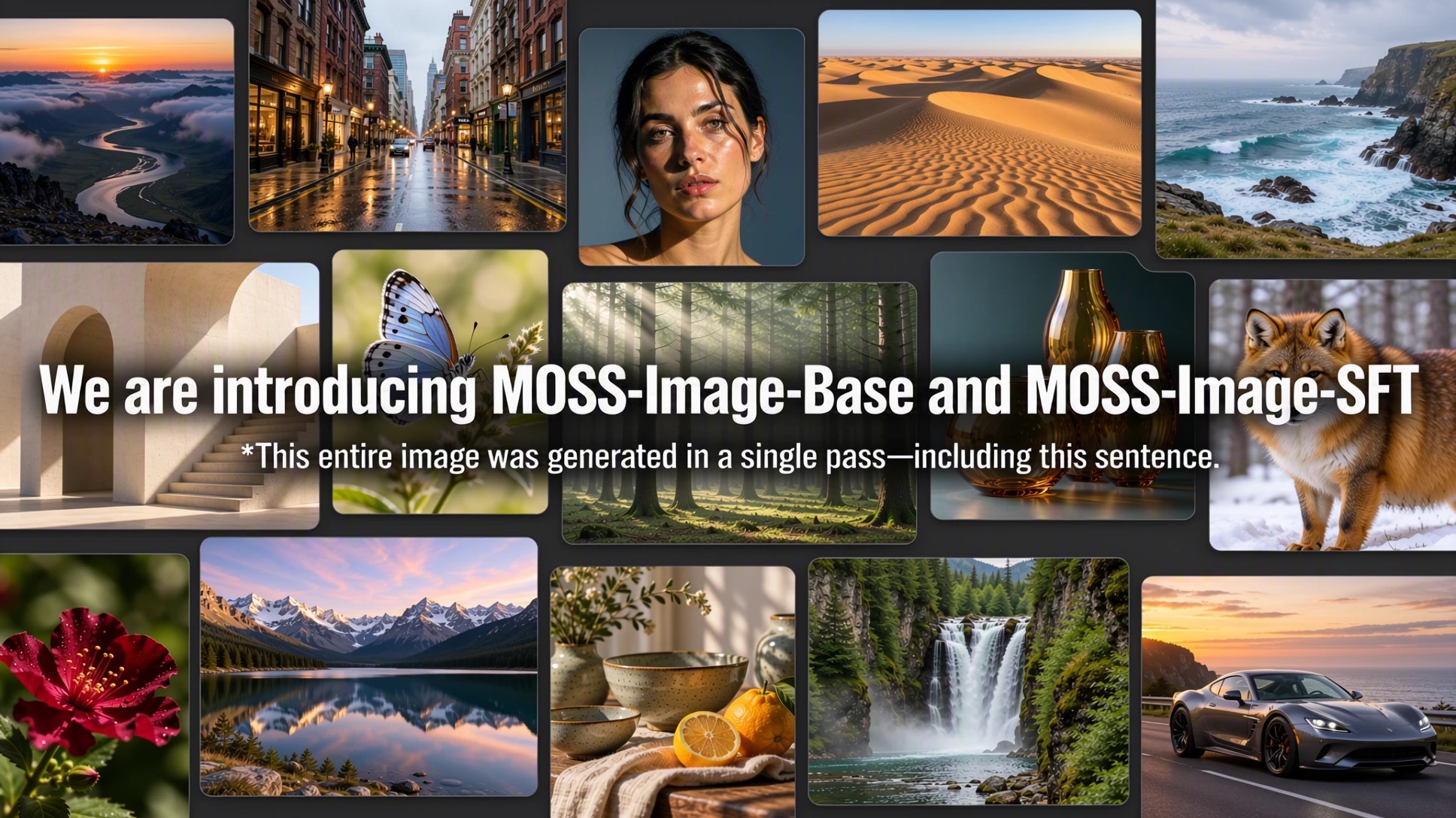 MOSS-Image sample sheet showing generated posters, notes and scenes with legible rendered text