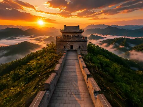 A Great Wall watchtower at sunset above a sea of clouds, a static 3D scene from the Marble gallery used on the OuroWorld project page