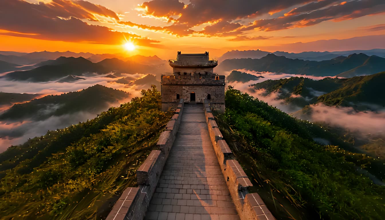 A Great Wall watchtower at sunset above a sea of clouds, a static 3D scene from the Marble gallery used on the OuroWorld project page